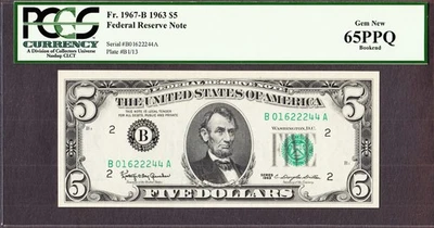 1963 Federal Reserve Note NEW YORK 5 Dollars Fr# 1967-B GEM UNC PCGS 65 PPQ - Image 1 of 2