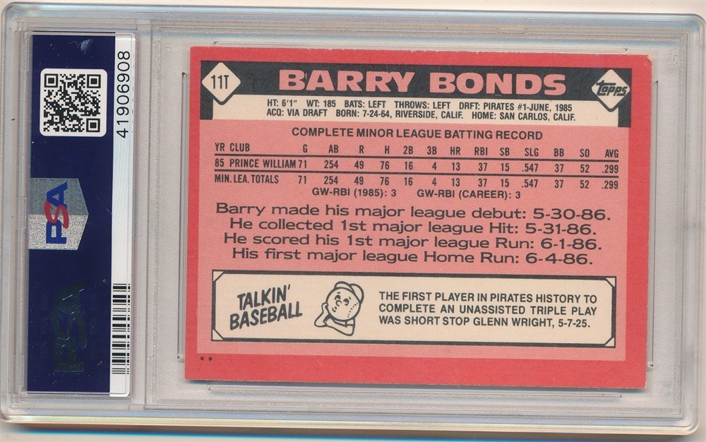 BARRY BONDS 1986 TOPPS TRADED #11T RC ROOKIE CARD PITTSBURGH PIRATES PSA 7 NM view 2