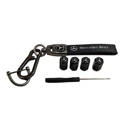 For Mercedes Benz Black Premium Key Chain & 4 Black Premium Valve Stem Caps NEW