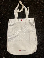 Lulu Reusable Shopping Bag Snap Closure White Graphic Quotes breathe deeply