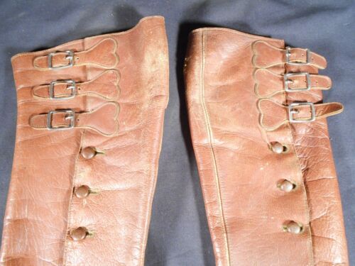 Antique mid 1800s BROWN LEATHER LEG GAITERS FOR SHOES. Pre zipper - Picture 7 of 9