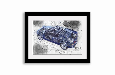 Line Tech Zeichnung BMW M1 blau Cutaway Kunst Posterdruck