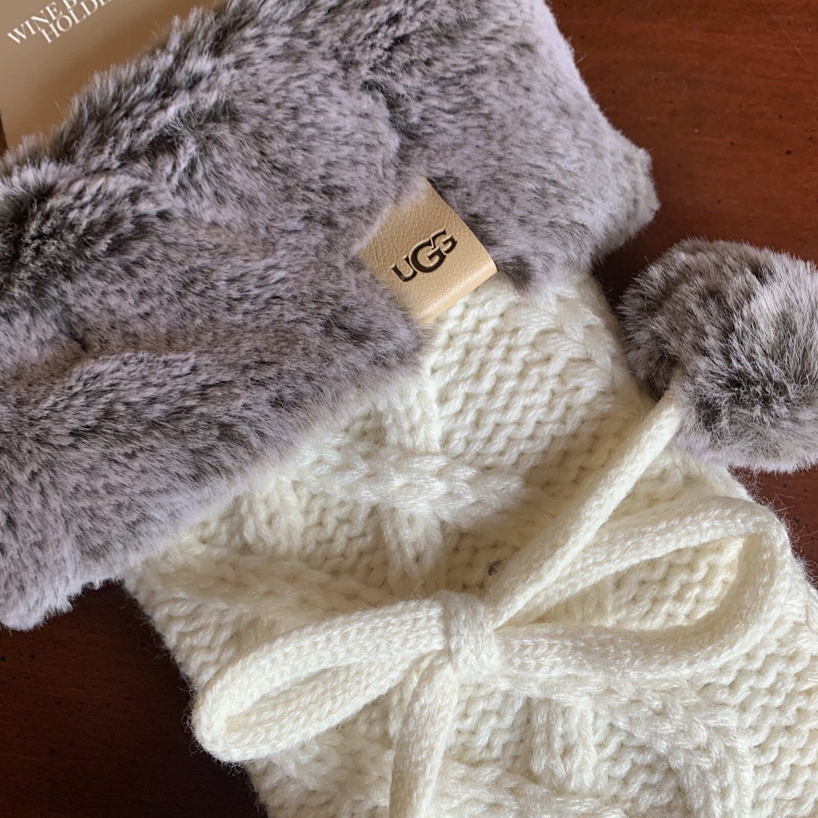 UGG Wine Bottle Holder Knit With Faux Fur & Pom Pom's Cream Knit