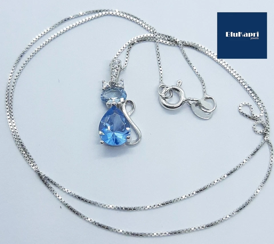 Collana donna ciondolo Gatto in Argento925 con pietra acquamarina goccia azzurro - Immagine 2 di 4