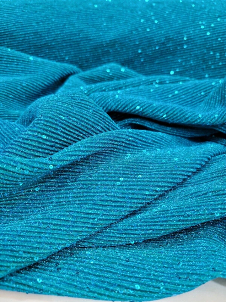 Turquoise Stretch Pleated Fabric by the Yard - Bridal Embroidery with Sequins - Image 3 of 3