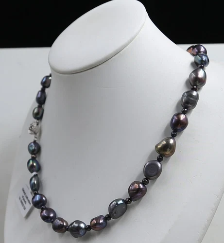 Genuine 11-12 mm black Baroque Pearl Pearl Necklace 18'' - Picture 4 of 4