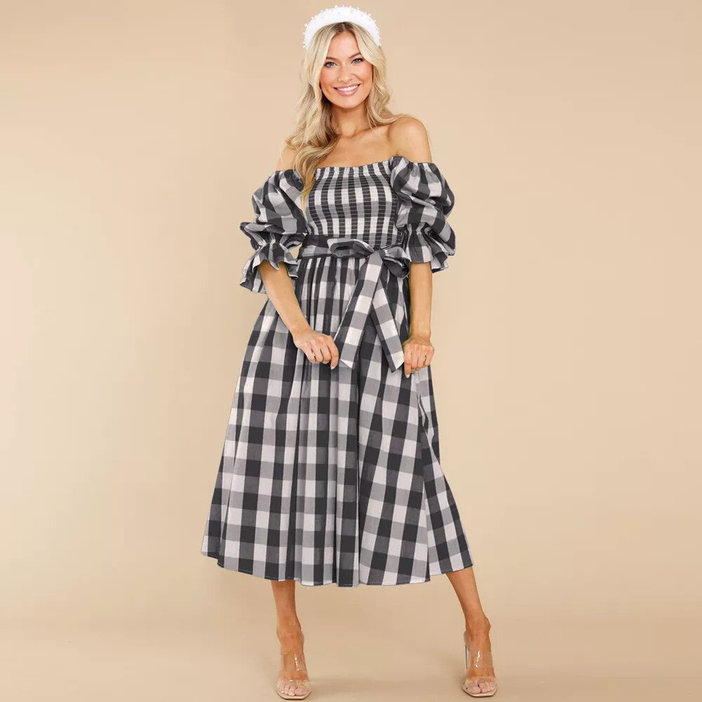 Vestido de Mujer Maxi Largo a Media Pierna Ajedrez Negro Cuello A Barco D095
