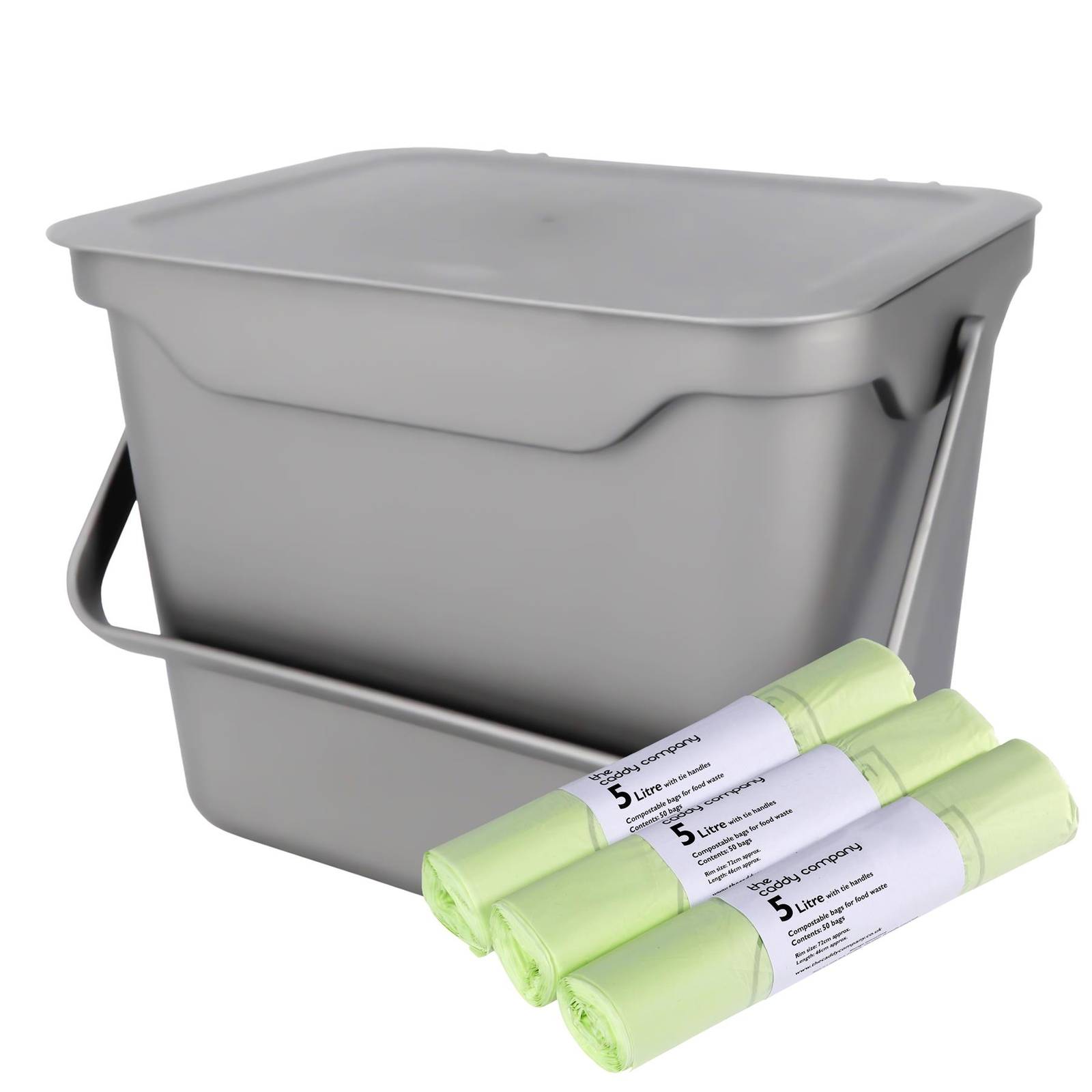 5L Silver Kitchen Compost Caddy/Food Waste Bin &150 x 5L Tie Compostable Bags