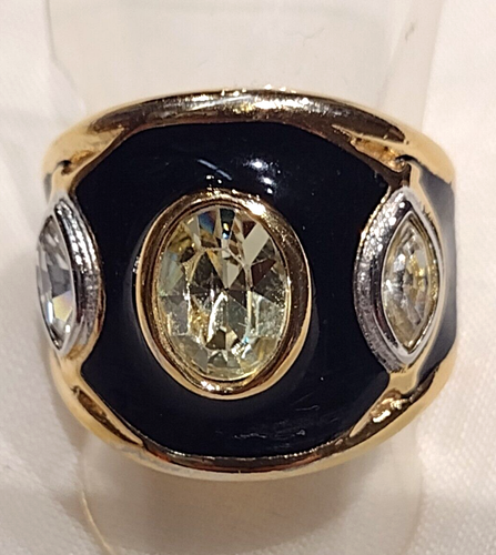 VTG 18 KT YELLOW GOLD PLATed BLACK ENAMEL YELLOW TOPAZ CUBIC ZIRCONIA RING #40 - Picture 5 of 20