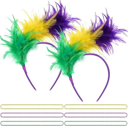 2 Sets Mardi Gras Feather Headband with Necklaces Mardi Gras Beads Costume Acces