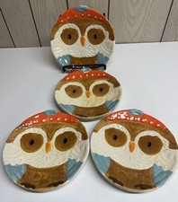 EARTHENWARE OWL Hand Painted Raised Details Salad Plates 7 1/2" set of 4