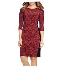 Lauren Ralph Lauren Dress Knit Jersey Ruched Sheath Red Black 3/4 Sleeve Women 6