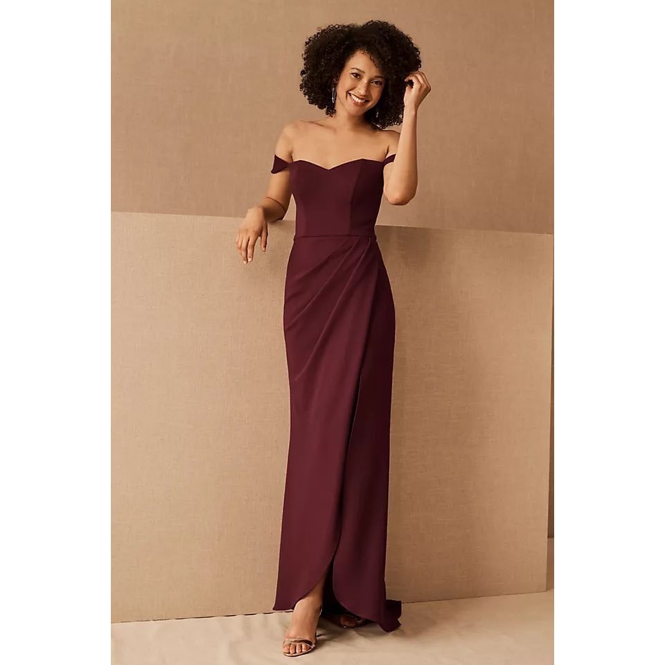 bhldn burgundy dress BHLDN Rossi Crepe Maxi Dress Burgundy Off Shoulder Formal Wedding Guest 4