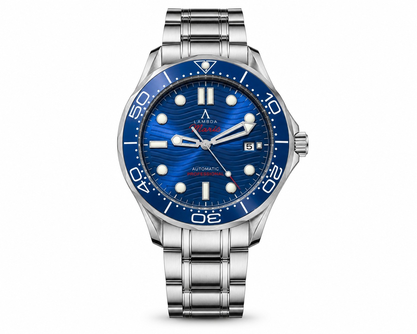 Reloj de buceo automático de lujo para hombre zafiro onda azul Lambda Maris 100 m vendedor del Reino Unido