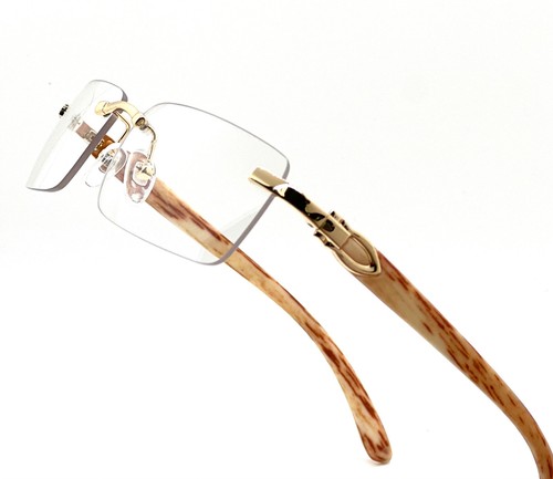 Herren Vintage Gold Gestell Randlos Hip Hop Schwarz Holzmaserung Klare Gläser Brille - Bild 19 von 104