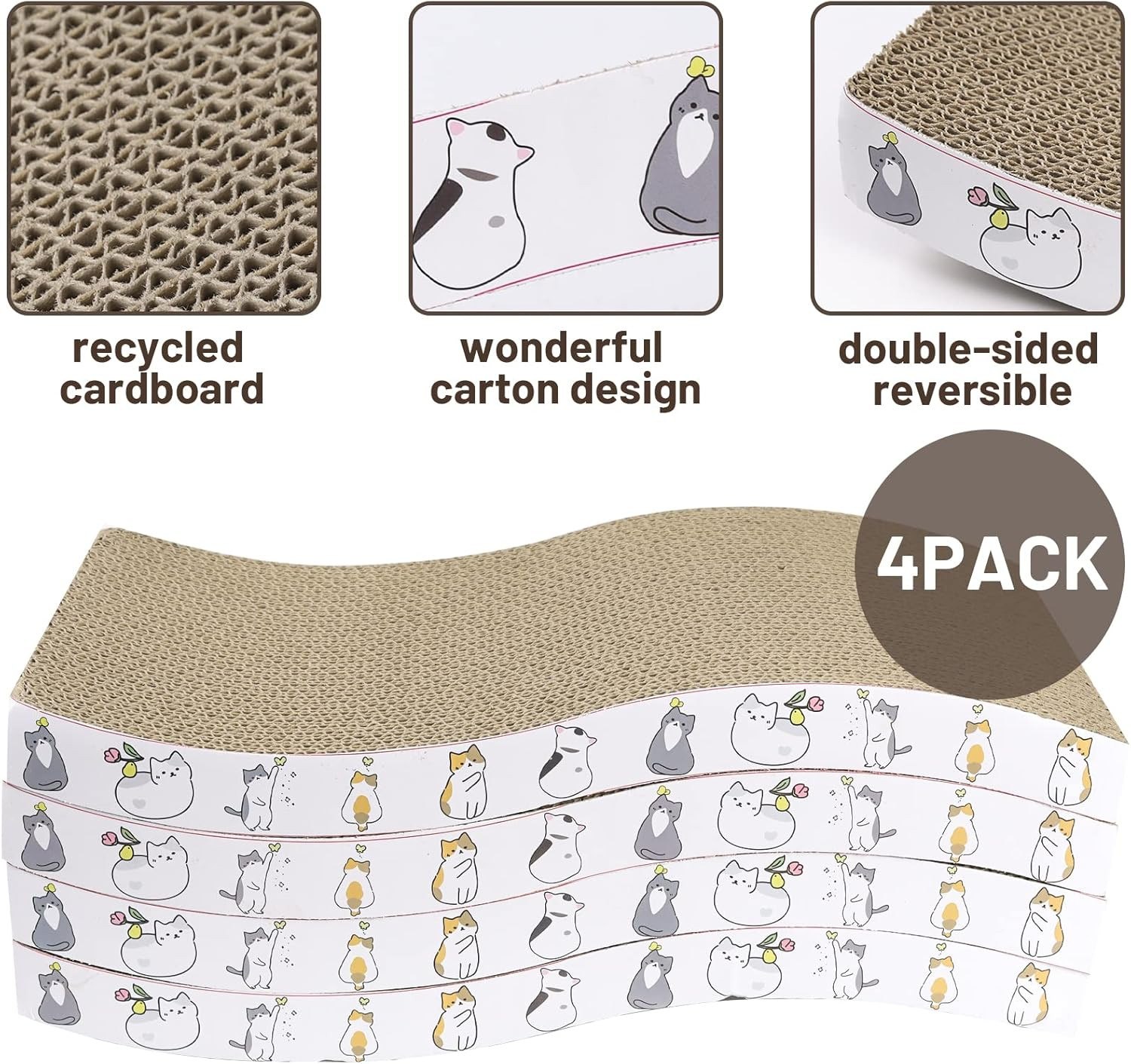 как выглядит 4 Pack Cat Scratcher Cardboard Pads Reversible Texture Curve Design Indoor Cats фото
