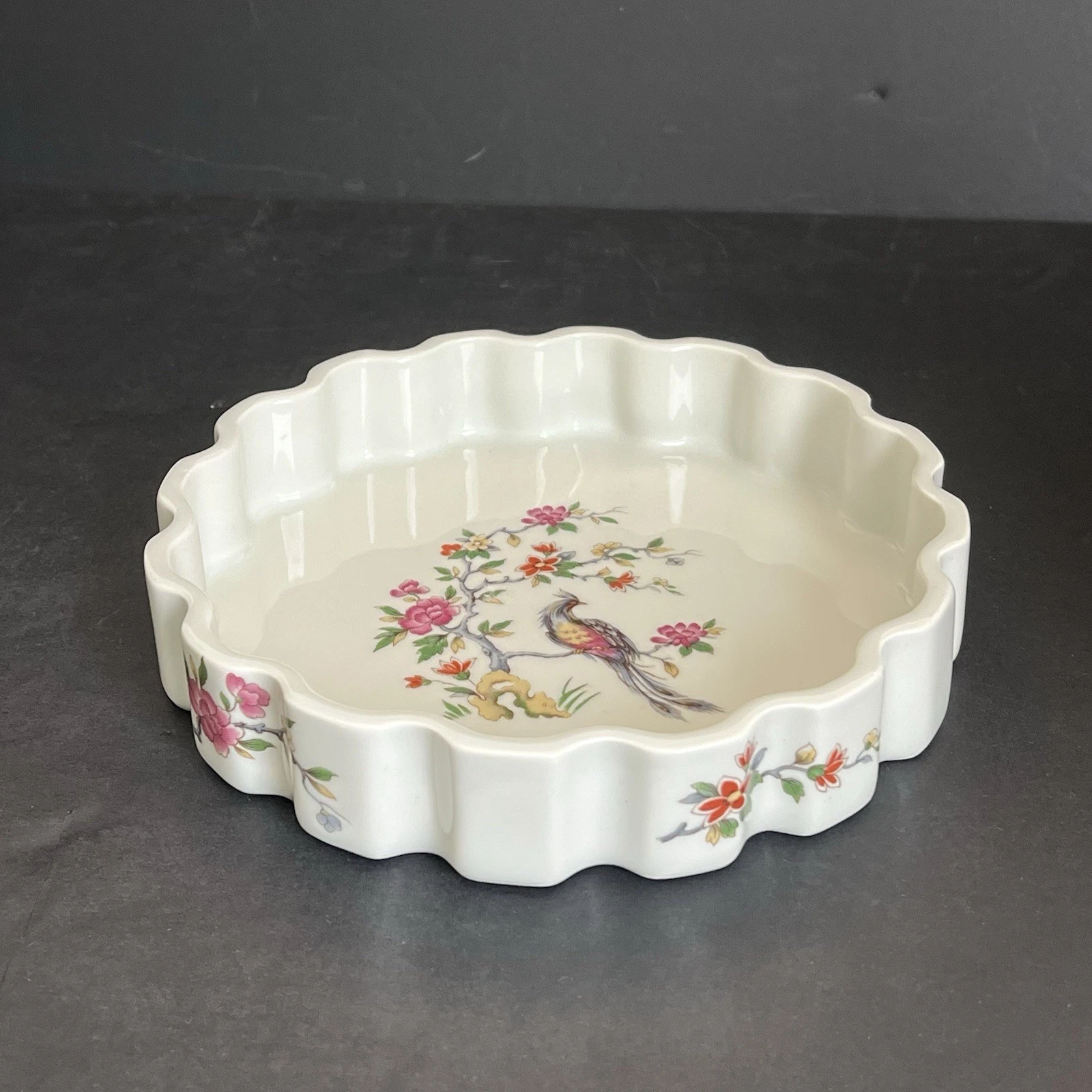 Vintage Porcelain Quiche Tart Dish Scalloped Bird Floral Made in France