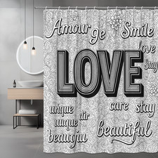 Black and White Love Shower Curtain with Floral Design