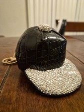 Black Leather Rhinestone Baseball Cap Coin Purse Keychain Crystal Mini Hat