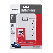 6-Outlet 3-Fixed Rotating 1200J Surge Tap W/2-Port 3.4a USB Charger