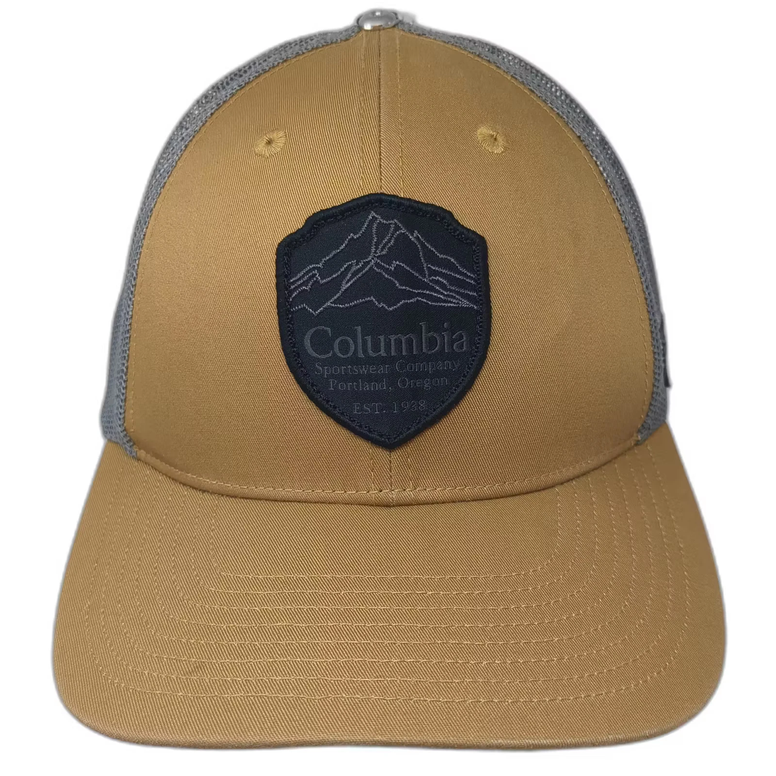 Columbia Trucker Hat Brown Gray OS Snapback Mesh Mountain Patch Adjustable