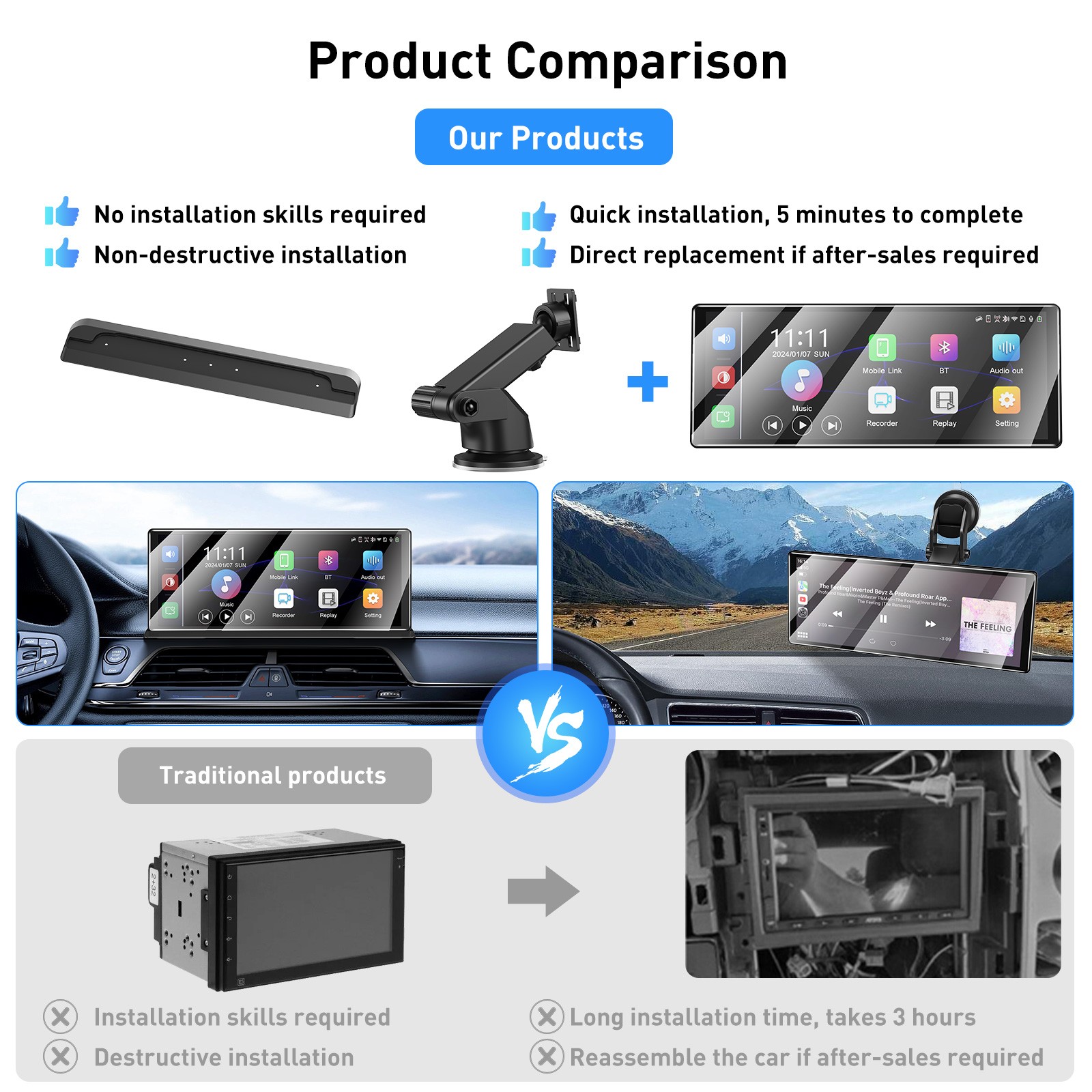 11.3" 4K Car Portable Touch Screen Apple CarPlay Tablet Android Auto ...