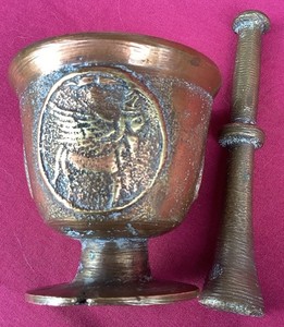 Brass Or Bronze Mortar & Pestle Vintage Apothecary 3 Views = 2-1/2” Mortar