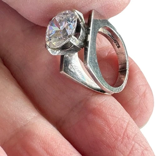 Stunning Vintage Modernist Sterling Silver Rock Crystal Ring - 5 3/4"
