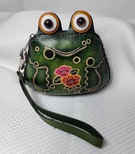 Handmade Leather FROG Coin Purse Wristlet Keychain Zipper Pouch Animal Wallet