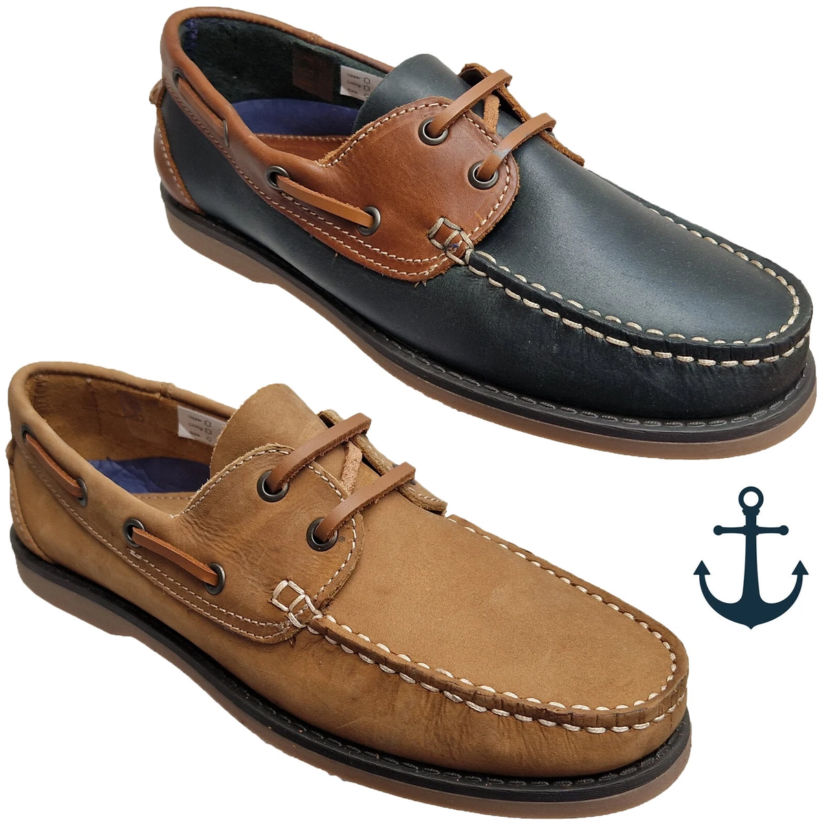 Mens Boat Shoes Moccasin Leather Lined Navy Brown Soft Lace Up Casual Smart  DEK