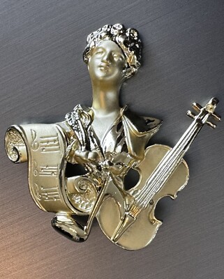 AJC Brooch Pin Musician Muse Musical Notes Violin Gold Tone Satin Matte Vintage