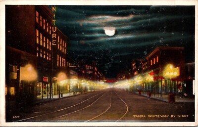 Tampa Florida Franklin Street Whiteway at Night Moonlight Vintage Postcard 28065