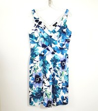 Chaps Size 10 Womens Blue White Watercolor Floral Sleeveless Dress V Neck