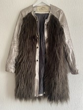 Silver/brown Leather Shaggy Fur Coat 10 Urbancode Xmas Boho Party Glam Evening
