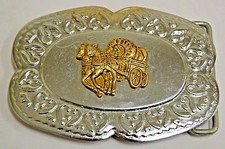 Vintage Western Cowboy Horse Wagon Ranch Chrome Belt Buckle Rare