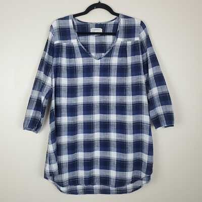 Current Elliott 1 Blue And White Plaid Tunic Length Blouse With V-neck
