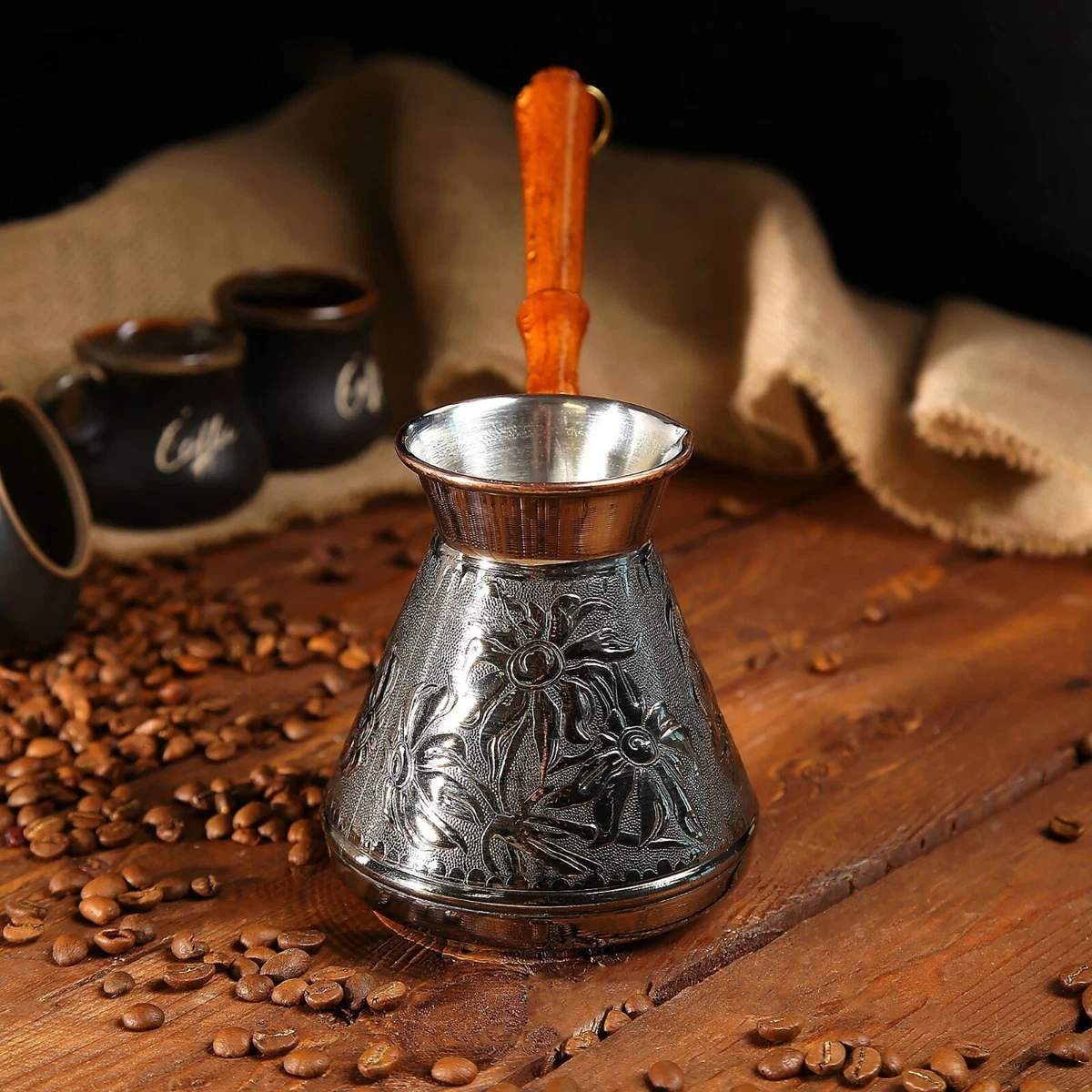 12 Oz Copper Turkish Greek Arabic Coffee Pot With Wooden Handle 4 Servings  Cezve Ibrik Briki Stovetop Coffee Maker 