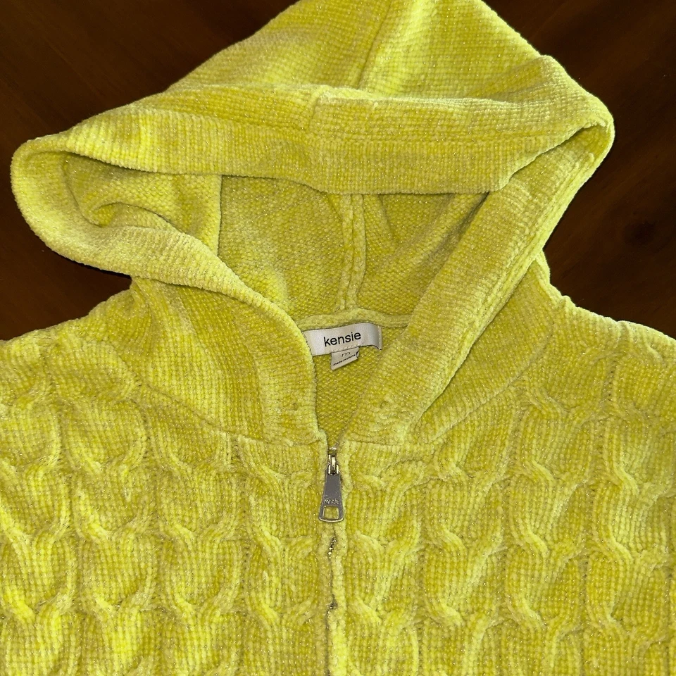 KENSIE Soft Chenille Cable-Knit Highlighter Yellow Sweater Zip Up Hooded Jacket - Image 4 of 4