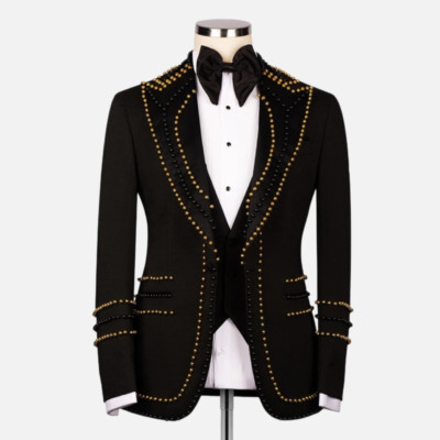 Men Suit Slim Fit Beading Peak Lapel Formal Wedding Groom Outfits Business