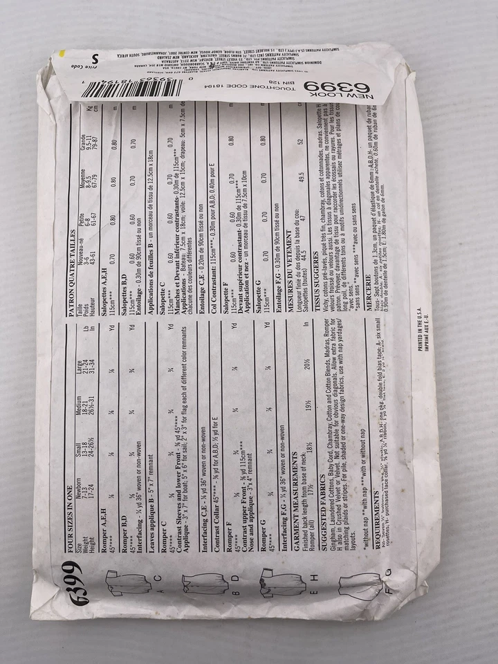 New Look #6399 Uncut Infant Baby 8 Playsuits Romper SZ NB,S,M,L Pattern 1995 - Image 2 of 3