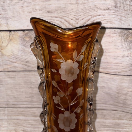 Bohemian Crystal Cut To Clear Floral Amber Vase Unique Art Glass Collectible - Picture 5 of 11