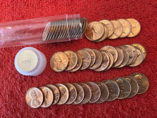 LINCOLN 1956-P Wheat Cent BU Roll, Choice / Gems, from OBW, in Coin Tube