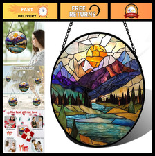 Blue Lake Golden Sun Stained Glass Suncatcher - Abstract Mountains Decor 15in