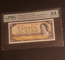 1954 Bank of Canada $50 Banknote. Modified Portrait. PMG Graded. CHUNC-64. EPQ.
