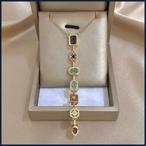 Vintage Geometric Colorful Zircon Long Pendant Necklace for Women Gold Plated