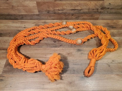 LARGE 65" Vintage 1970s Macramé Plant Hanger Boho Orange Rope with Wood Beads.