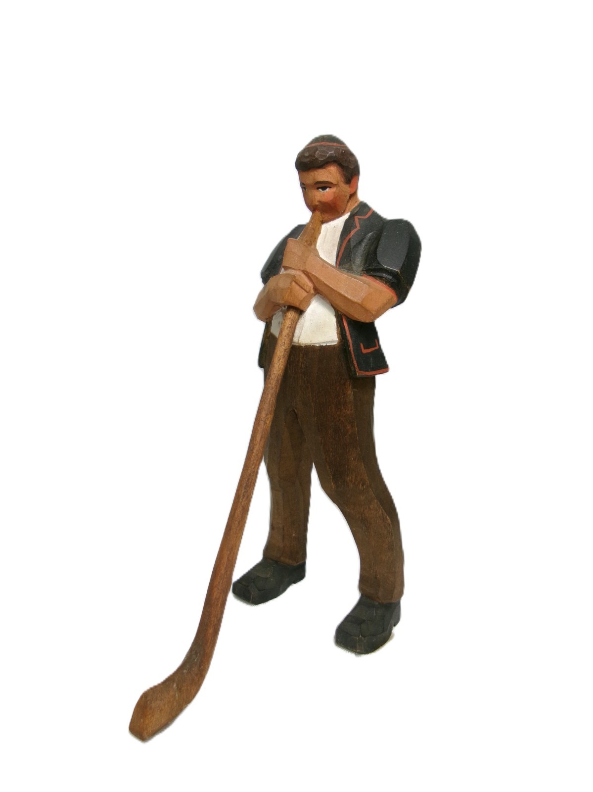 Folk Art Swiss Alphorn 5 ½” Old World Vintage Hand Carved Wood Figure - - (B)