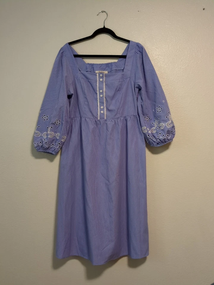 Simple Retro Indigo Embroidered Puff Sleeve Square Neck Dress Blue Purple Large - Image 2 of 4