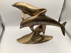 Vintage Solid Brass Double Dolphin Sculpture 7.5” Tall Ocean Nautical Decor
