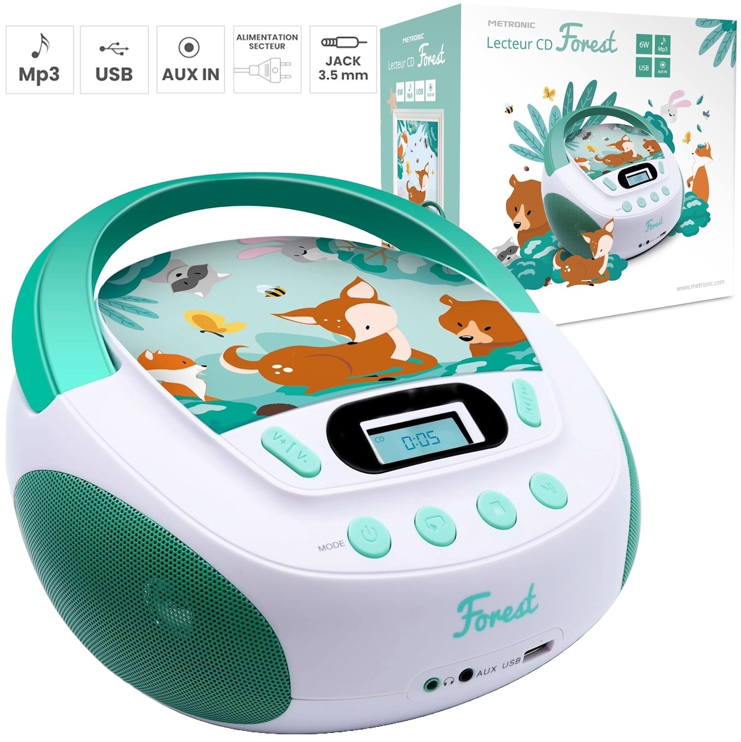 Metronic Boombox Forest: Lettore CD MP3 USB per Bambini - Stereo Portatile